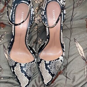 Gianni Bini Cream and Black Snake-Print Pointed-Toe Ankle-Strap Pumps